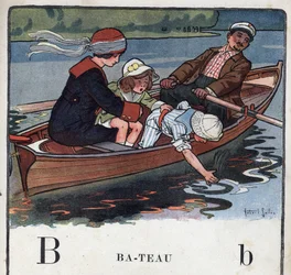 Książka dla dzieci „”Przeczytam – Alfabet metodyczny i zabawny taty””” 1926. Ilustracja Roberta Sallesa (1871-1929). Abecedaire: litera B jako łódź. Rodzina na łodzi idzie na spacer.
