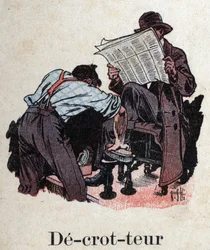 Książka dla dzieci „”Przeczytam – Alfabet metodyczny i zabawny taty””” 1926. Ilustracja Roberta Sallesa (1871-1929). „”Decrotteur””: pucybut czyści buty klienta czytającego gazetę.