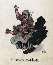 Książka dla dzieci „”Przeczytam – Alfabet metodyczny i zabawny taty””” 1926. Ilustracja Roberta Sallesa (1871-1929). "Korekta"". Kara: matka rozkłada dziecko, aby je ukarać