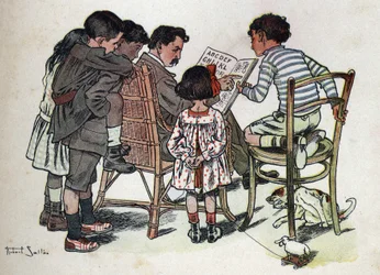 Książka dla dzieci „”Przeczytam – Alfabet metodyczny i zabawny taty””” 1926. Ilustracja Roberta Sallesa (1871-1929). Ojciec rodziny uczy dzieci czytać.
