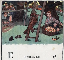 Książka dla dzieci „”Przeczytam – Alfabet metodyczny i zabawny taty””” 1926. Ilustracja Roberta Sallesa (1871-1929). Abecedary: litera E jako Skala. Pies wspina się po drabinie na tle jabłoni.