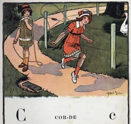 Książka dla dzieci „”Przeczytam – Alfabet metodyczny i zabawny taty””” 1926. Ilustracja Roberta Sallesa (1871-1929). Abecedary: litera C jako lina. Dwie dziewczyny grają w skakankę.