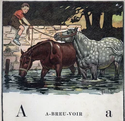 Książka dla dzieci „”Przeczytam – Alfabet metodyczny i zabawny taty””” 1926. Ilustracja Roberta Sallesa (1871-1929). Abecedary: litera A jako woda pitna. Dwa konie piją wodę.