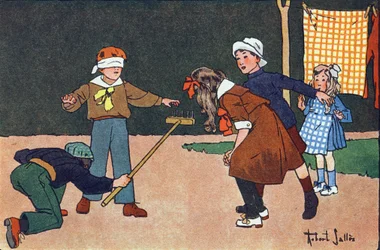 Colin maillard (colin-maillard). Grawerowanie w „” W co gramy? „” E. Webera z rysunkami akwarelowymi Roberta Sallesa (1871-1929). Biblioteka Garnier Freres, Paryż
