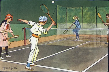 Tenis na trawie. Grawerowanie w „” W co gramy? „” E. Webera z rysunkami akwarelowymi Roberta Sallesa (1871-1929). Biblioteka Garnier Freres, Paryż