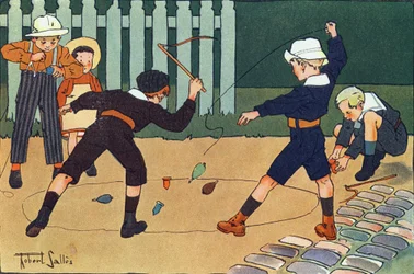 Kopyto (najlepsza gra do biczowania). Grawerowanie w „” W co gramy? „” E. Webera z rysunkami akwarelowymi Roberta Sallesa (1871-1929). Biblioteka Garnier Freres, Paryż
