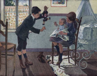 Edukacja młodszego brata: w pokoju dziecko siedzące na kolanach starszej siostry patrzy na kukiełkę, którą budzi jego brat. Ilustracja Roberta Sallesa (1871-1929) w „Je sais Lire”.