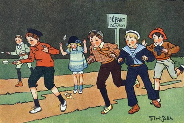 Wyścig jaj. Grawerowanie w „” W co gramy? „” E. Webera z rysunkami akwarelowymi Roberta Sallesa (1871-1929). Biblioteka Garnier Freres, Paryż