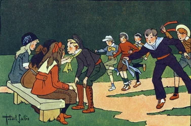 Gymkhana (kurs na torze próbnym z sędziami). Grawerowanie w „” W co gramy? „” E. Webera z rysunkami akwarelowymi Roberta Sallesa (1871-1929). Biblioteka Garnier Freres, Paryż