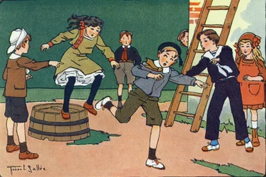 Matka z dżemami. Grawerowanie w „” W co gramy? „” E. Webera z rysunkami akwarelowymi Roberta Sallesa (1871-1929). Biblioteka Garnier Freres, Paryż