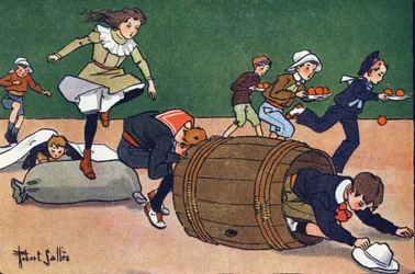 Wyścig z przeszkodami. Grawerowanie w „” W co gramy? „” E. Webera z rysunkami akwarelowymi Roberta Sallesa (1871-1929). Biblioteka Garnier Freres, Paryż