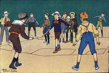Theque (gra zespołowa z piłką i kijem). Grawerowanie w „” W co gramy? „” E. Webera z rysunkami akwarelowymi Roberta Sallesa (1871-1929). Biblioteka Garnier Freres, Paryż