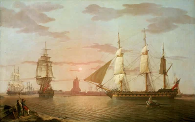 Statek wschodnioindyjski „Warley”, jeden z najważniejszych statków Brytyjskiej Kompanii Wschodnioindyjskiej, przedstawiony w trzech pozycjach u wybrzeży Blackwall (Anglia)