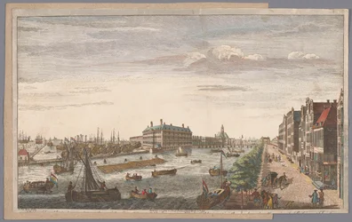 Gezicht op het Admiraliteitsmagazijn te Amsterdam Widok Admiralicji w Amsterdamie, należących do niej magazynów, nabrzeży i doków oraz Kompanii Wschodnioindyjskiej Holandii (tytuł na obiekcie)