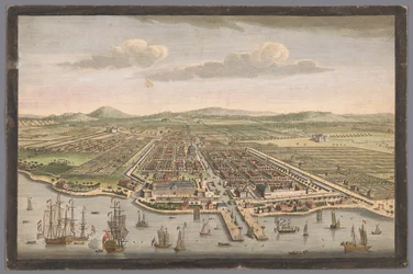 Gezicht op de stad Batavia Miasto Batavia na wyspie Jawa i stolica wszystkich holenderskich fabryk i osad w Indiach Wschodnich (tytuł na obiekcie) Nederzettingen van de VOC (tytuł serii)