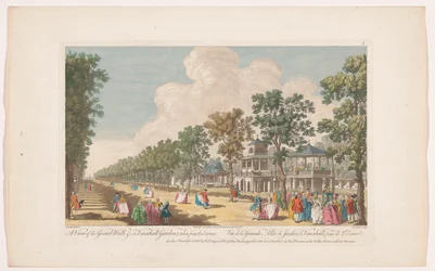 Widok na aleję w Vauxhall Gardens w Londynie, widziany od wejścia Widok na wielki spacer itp. w Vauxhall Gardens, zaczerpnięte od gościa (tytuł na obiekcie) Ranelagh Gardens i Vauxhall Gardens (tytuł serii)