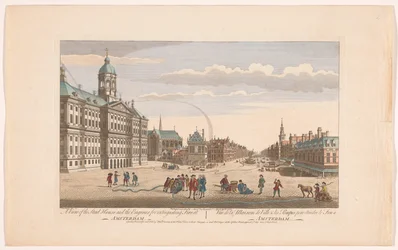 Widok ratusza w Amsterdamie ze strażakami na placu Dam Widok na Stad House i maszyny do gaszenia pożaru w Amsterdamie (tytuł na obiekcie) Holandia (tytuł serii)