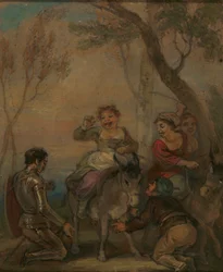 Ilustração para Don Quixote (com figuras em um burro)polonês