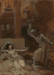 Ilustracja do wschodniego romansu, prawdopodobnie „Baśni i jednej nocy” (z leżącą kobiecą postacią po lewej stronie)