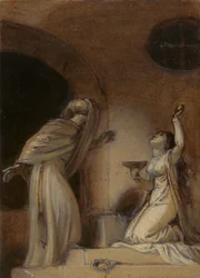 Ilustracja do wschodniego romansu, prawdopodobnie „Baśni i jednej nocy”, z klęczącą kobiecą postacią po prawej)