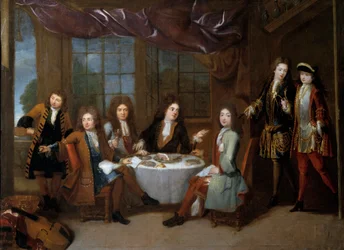 Śniadanie z szynką. Mężczyźni szlachty na wędlinowej kolacji. Obraz Roberta Levraca Tournieresa (1667-1752)