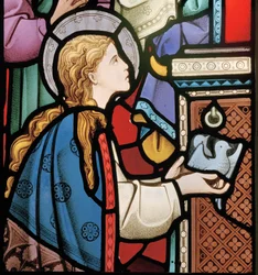 Maryja ofiarująca gołębie w świątyni, fragment okna wschodniego, 1864 (witraż)