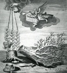 Druk emblematyczny nawiązujący do egzekucji Karola I i sukcesji Stuartów, 1715 r.