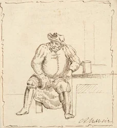 Szkic siedzącego mężczyzny z kubkiem, prawdopodobnie Falstaff