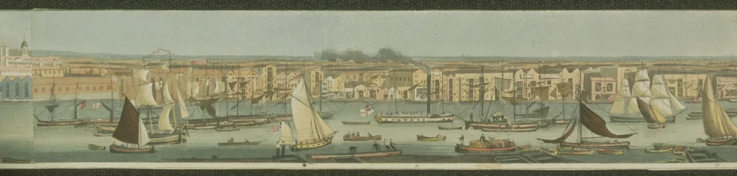 Panoramiczny widok na Tamizę z jej południowego brzegu w Bermondsey z widokiem na Stepney, 1823 (akwatinta)