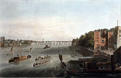 Vaizdas į Vestminsterio tiltą ir Lambeth rūmus, baras. 1820 m. Colnaghi & Co (graviravimas)poli
