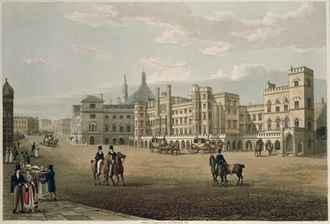 Widok na Izbę Lordów i Gmin, od strony Starego Pałacu, wyd. 1821 przez Colnaghi und Co. (akwatinta)
