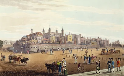 Widok na Tower of London i mennicę, wyd. Colnaghi und Co, 1821 (kolorowy znajomy)