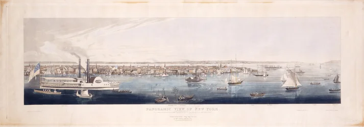 Panoramiczny widok Nowego Jorku, wzięty z rzeki [Hudson], 1844 (akwaforta i akwatinta ręcznie kolorowana, piąty stan)