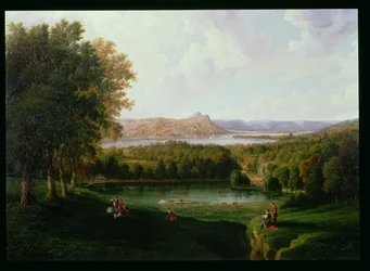 Widok z Tarrytown na stary holenderski kościół nad rzeką Hudson i Beckham Manor, 1866