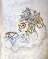 Sztuka wojny: nauka maszyn wojskowych. Czołg wyposażony w kosy, ilustracja z „De re Militari” inżyniera Roberto Valturio (1405-1483?)