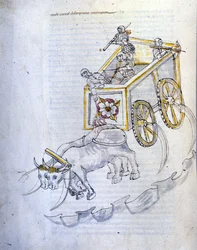 Sztuka wojny: nauka maszyn wojskowych. czołg wyposażony w kosy, ilustracja z „De re Militari” inżyniera Roberto Valturio (1405-1483?)