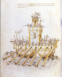 Sztuka wojny: studium maszyn wojskowych, model pancernika. ilustracja z „De re Militari” inżyniera Roberto Valturio (1405-1483?)