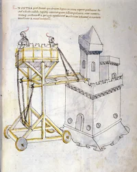 Sztuka wojny: nauka maszyn wojskowych. wieża szturmowa służąca do oblężniczych wież, ilustracja z „De re Militari” inżyniera Roberto Valturio (1405-1483?)