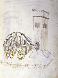 Sztuka wojny: nauka maszyn wojskowych. uzbrojona w karapaks maszyna szturmująca wieżę, ilustracja z „De re Militari” inżyniera Roberto Valturio (1405-1483?)