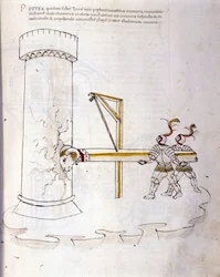 Sztuka wojny: nauka maszyn wojskowych. użycie tarana do oblężenia wieży, ilustracja z „De re Militari” inżyniera Roberto Valturio (1405-1483?)