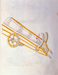 Sztuka wojny: nauka o maszynach wojskowych. Canon pozuje na zegarku, ilustracja z „De re militari” inżyniera Roberto Valturio (1405-1483?)