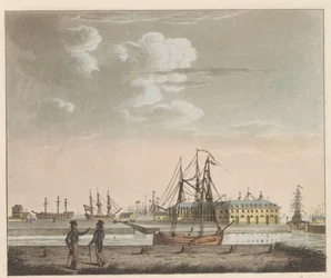 Rijkswerf Willemsoord, ok. 1825 Widok na Willemsoord na czystym - na Nieuwendiep i wejście do dużego Kanału Noord-Hollandsch / Vue de Willemsoord au clear prês du Nieuwendiep, et L