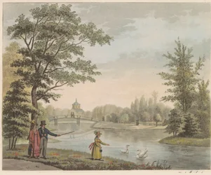 Ogród w Huis ten Bosch, ok. 1825 Widok na most szwajcarski i Vijver, w pobliżu domu w Bosch in s