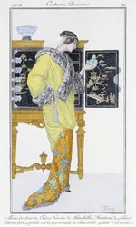 Suknia z chińskiego jedwabiu, podszyta szynszylą, aksamitny płaszcz - w "Journal des dames et de la mode: Costumes Parisiens", n′32
