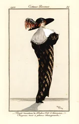 Kobieta w długim płaszczu z futra wydry z gronostajowym kołnierzem, czarnym kapeluszu z wielobarwnym piórem, akwaforta według ilustracji Rogera Brodersa z Journal des Dames et des Modes Tommasa Antonginiego, Aux Bureaux du Journal des Dames, Paryż
