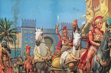 Aleksander Wielki, niesiony na rydwanie, wjeżdżający w triumfie do Babilonu (kolorowa litografia)