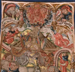 Flamandzki gobelin. Tryptyk narodzin Chrystusa (Tríptico del Nacimiento de Jesús). Modele od Rysownika z kręgu Rogiera van der Weydena. Produkcja południowej Holandii. Ca 1492. Tkanina Złoto, srebro, jedwab i wełna.