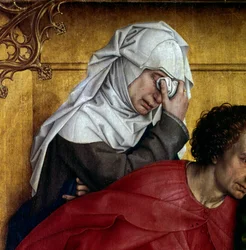 Osadzanie lub zejście krzyża. Szczegół postaci we łzach. Ołtarz Rogiera (Roger) Van Der Weyden (1400-1464) 1435 wym. 2,20 x 0,35 m Madryt, Musee du Prado - Osadzanie lub zejście z krzyża. Szczegóły postaci żałoby. Altarpi