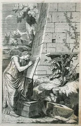 Klasyczna scena architekta przy pracy, ilustracja z „Równoległości architektury starożytnej z nowoczesnością” Chambray wydanej w 1723 r. (rycina)