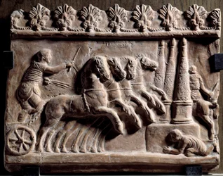 Relief Campana: wyścig rydwanów (kwadryga) i scena cyrkowa. I wiek n.e. Płyta terakotowa. Wys. 0,32 x 0,39 m. Paryż, Muzeum Luwru
